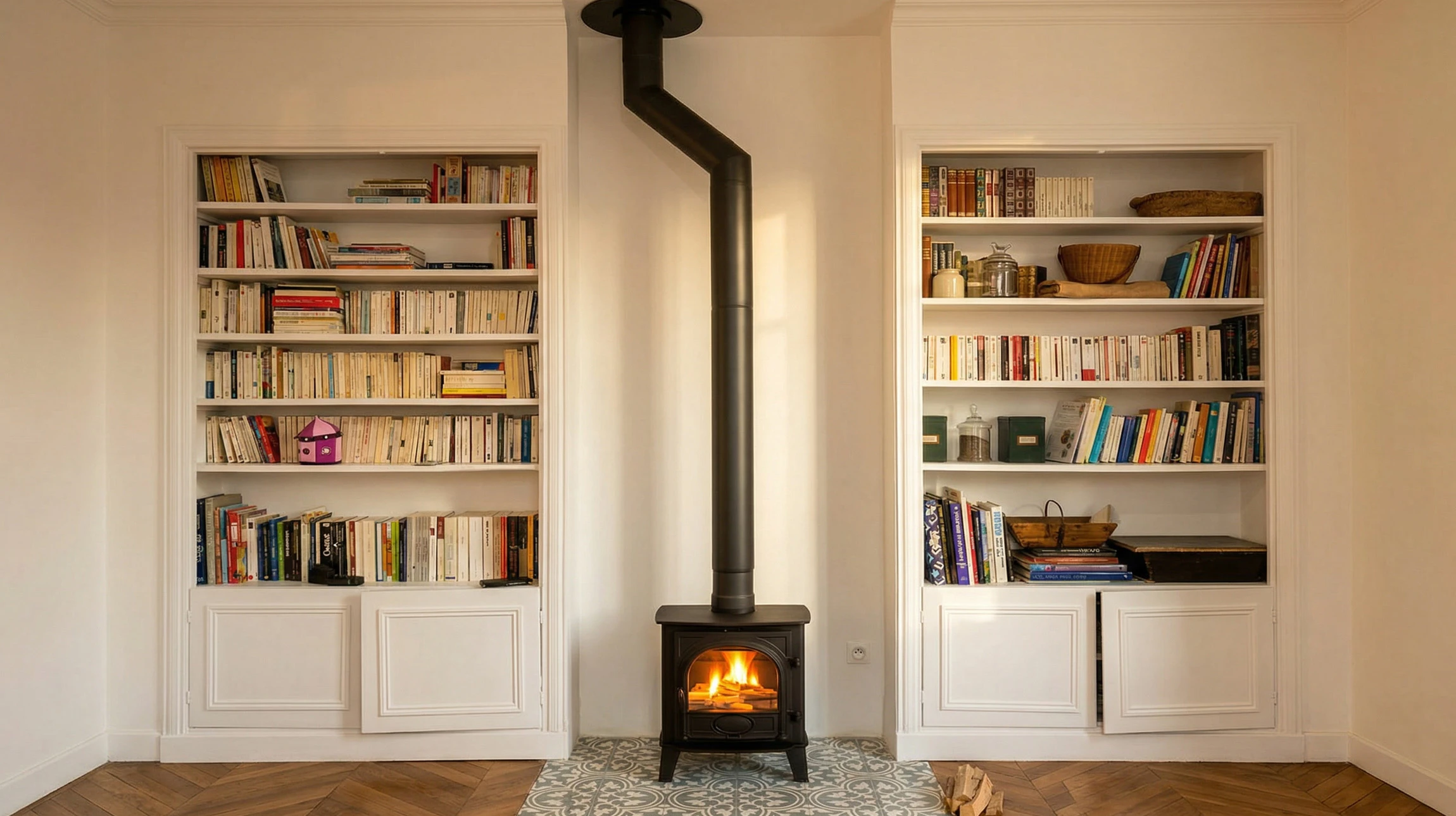 Extérieur résidentiel avec conduit d'évacuation des fumées en acier inoxydable dépassant d'une toiture en tuiles terre cuite brune